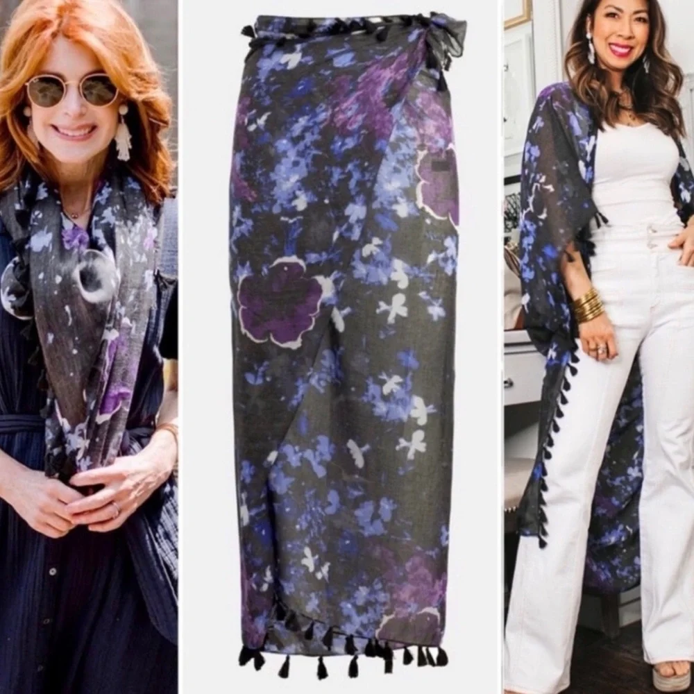 Peter Som Dream Floral Print beach fringe Sarong in Meteorite Black Blue